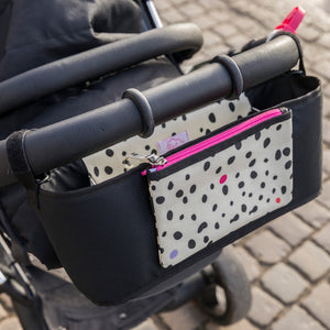 Pink Lining stroller organiser Dalmatian Fever print